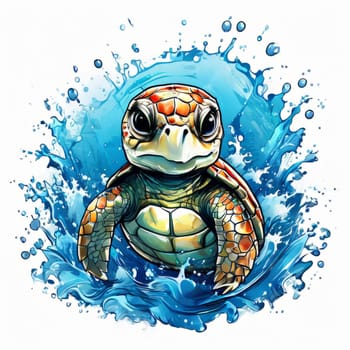 Turtle glides through its aquatic environment, showcasing beauty, tranquility of underwater world. For Tshirt design, posters, postcards, other merchandise with marine theme, childrens books, tourism