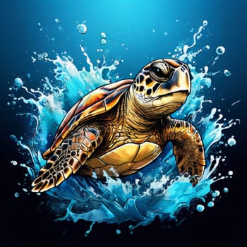 Turtle gracefully swimming in water surrounded by bubbles, showcasing its serene underwater world. For Tshirt design, posters, postcards, other merchandise with marine theme, childrens books