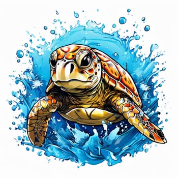 Serene turtle gracefully swimming through water amidst trail of bubbles. For fashion, clothing design, animal themed clothing advertising, as illustration for interesting clothing style, Tshirt design