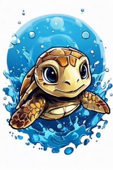 Majestic turtle is seen gliding effortlessly through water, its movements slow, graceful. For Tshirt design, posters, postcards, other merchandise with marine theme, childrens books