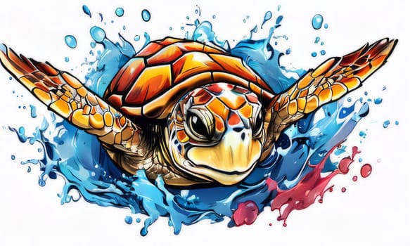 Turtle glides through its aquatic environment, showcasing beauty, tranquility of underwater world. For Tshirt design, posters, postcards, other merchandise with marine theme, childrens books, tourism