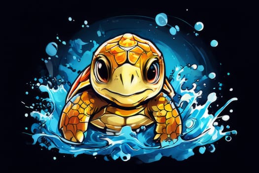 Serene turtle gracefully swimming through water amidst trail of bubbles. For fashion, clothing design, animal themed clothing advertising, as illustration for interesting clothing style, Tshirt design