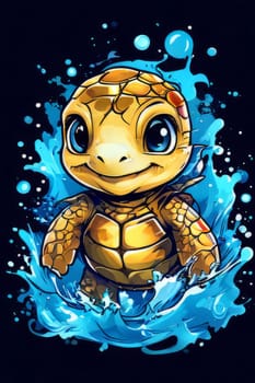 Turtle gracefully swimming in water surrounded by bubbles, showcasing its serene underwater world. For Tshirt design, posters, postcards, other merchandise with marine theme, childrens books