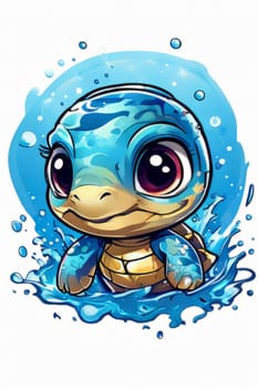 Turtle gracefully swimming in water surrounded by bubbles, showcasing its serene underwater world. For Tshirt design, posters, postcards, other merchandise with marine theme, childrens books