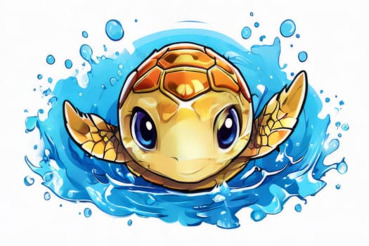 Turtle gracefully swimming in water. For educational materials for kids, game design, animated movies, tourism, stationery, Tshirt design, posters, postcards, childrens books