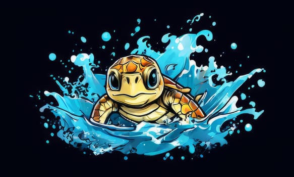 Turtle gracefully swimming in water. For educational materials for kids, game design, animated movies, tourism, stationery, Tshirt design, posters, postcards, childrens books