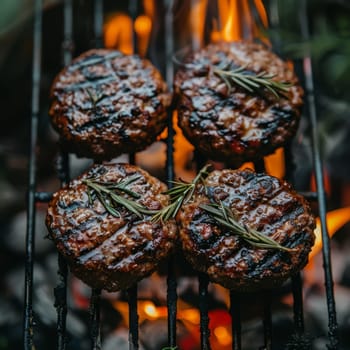 Beef meat minced hamburgers over the flaming grill barbecue fire. Ai generated