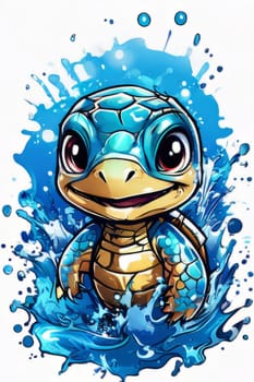 Majestic turtle glides effortlessly through clear blue waters, its shell glistening in sunlight. For educational materials for kids, game design, animated movies, tourism, stationery, Tshirt design