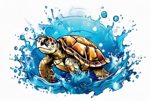 Majestic turtle glides effortlessly through clear blue waters, its shell glistening in sunlight. For educational materials for kids, game design, animated movies, tourism, stationery, Tshirt design
