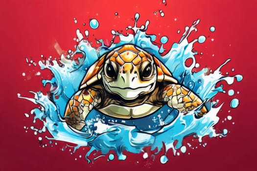 Serene turtle gracefully swimming through water amidst trail of bubbles. For fashion, clothing design, animal themed clothing advertising, as illustration for interesting clothing style, Tshirt design