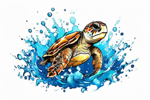 Majestic turtle is seen gliding effortlessly through water, its movements slow, graceful. For Tshirt design, posters, postcards, other merchandise with marine theme, childrens books