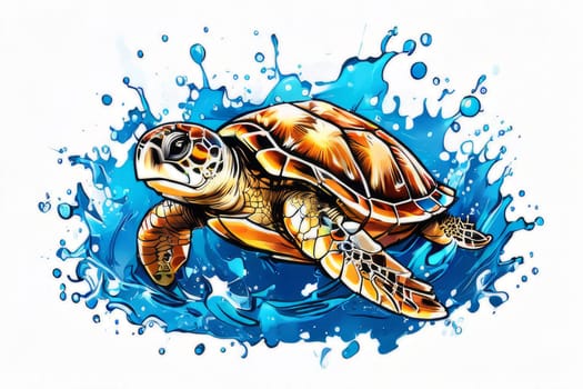 Turtle riding wave on white background. For Tshirt design, posters, postcards, other merchandise with marine theme, childrens books, educational materials for kids, tourism, stationery