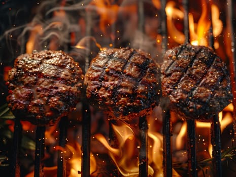 Beef meat minced hamburgers over the flaming grill barbecue fire. Ai generated