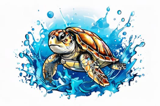 Serene turtle gracefully swimming through water amidst trail of bubbles. For fashion, clothing design, animal themed clothing advertising, as illustration for interesting clothing style, Tshirt design