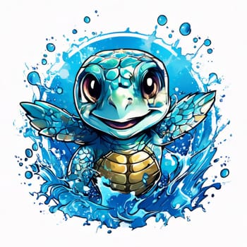 Turtle riding wave on white background. For Tshirt design, posters, postcards, other merchandise with marine theme, childrens books, educational materials for kids, tourism, stationery