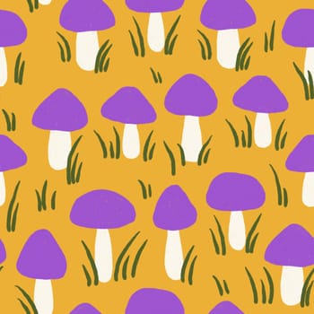 Hand drawn seamless pattern with forest mushroom fungi in pirple yellow leaves on yellow background. Toadstool toxic fungi caps poisonous herbs wood woodland, witch concept, fall autumn flora