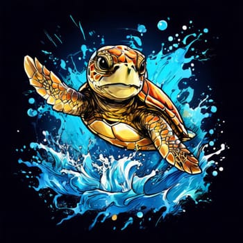 Turtle glides through its aquatic environment, showcasing beauty, tranquility of underwater world. For Tshirt design, posters, postcards, other merchandise with marine theme, childrens books, tourism