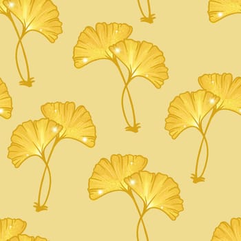 Hand drawn seamless pattern of autumn yellow gingko biloba leaves. Shiny glitter texture leaf, forest nature natural botanical print, garden foliage asian japanese print, two couple herbs