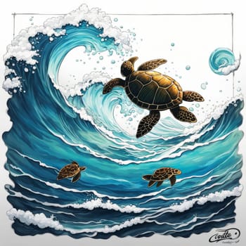 Turtle riding wave on white background. For Tshirt design, posters, postcards, other merchandise with marine theme, childrens books, educational materials for kids, tourism, stationery