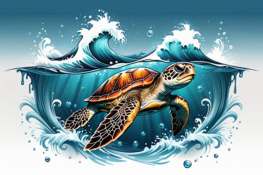 Turtle glides through its aquatic environment, showcasing beauty, tranquility of underwater world. For Tshirt design, posters, postcards, other merchandise with marine theme, childrens books, tourism