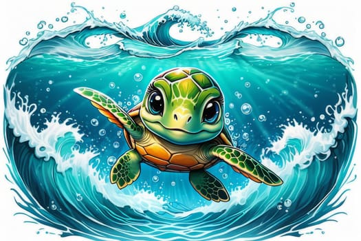 Serene turtle gracefully swimming through water amidst trail of bubbles. For fashion, clothing design, animal themed clothing advertising, as illustration for interesting clothing style, Tshirt design