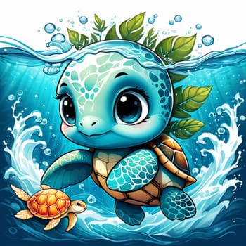 Majestic turtle is seen gliding effortlessly through water, its movements slow, graceful. For Tshirt design, posters, postcards, other merchandise with marine theme, childrens books