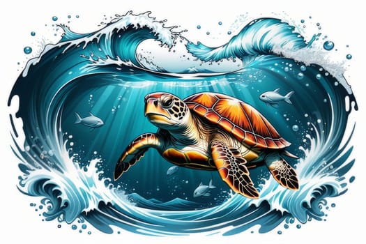 Turtle moves gracefully through water, its movements fluid, effortless. For fashion, clothing design, animal themed clothing advertising, as illustration for interesting clothing style, Tshirt design