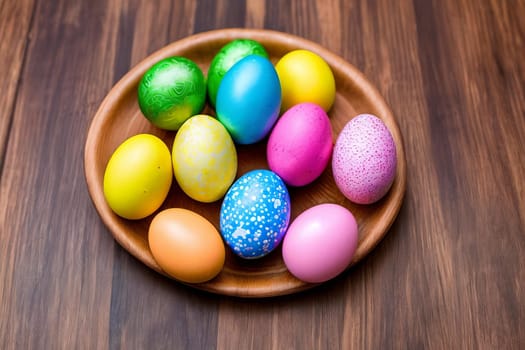 Vibrant Easter Eggs. A close-up image of colorful and intricately decorated Easter eggs arranged in a beautiful pattern on a rustic wooden background, emphasizing the unique designs and textures.