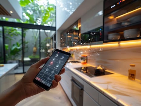Smart Home Technology. Human hand is holding smart phone with launched Smart home application. AI generated