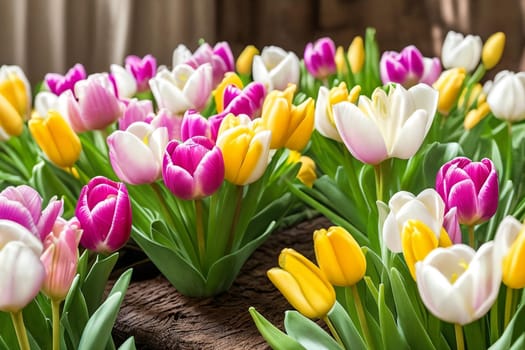 Easter Floral Delight. A composition featuring a variety of fresh spring flowers tulips arranged in a decorative Easter-themed setting, highlighting the vibrant colors and delicate petals.