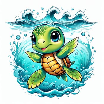Majestic turtle glides effortlessly through clear blue waters, its shell glistening in sunlight. For educational materials for kids, game design, animated movies, tourism, stationery, Tshirt design