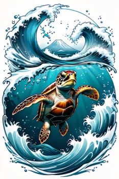 Serene turtle gracefully swimming through water amidst trail of bubbles. For fashion, clothing design, animal themed clothing advertising, as illustration for interesting clothing style, Tshirt design