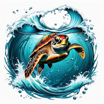 Majestic sea turtle gracefully gliding through crystal-clear waters of ocean. For educational materials for kids, game design, animated movies, tourism, stationery, Tshirt design, clothing design