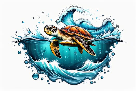 Vibrant sea turtle elegantly maneuvering its way through shimmering azure ocean depths, showcasing beauty, tranquility of marine life in its natural habitat.For fashion, clothing design, Tshirt design