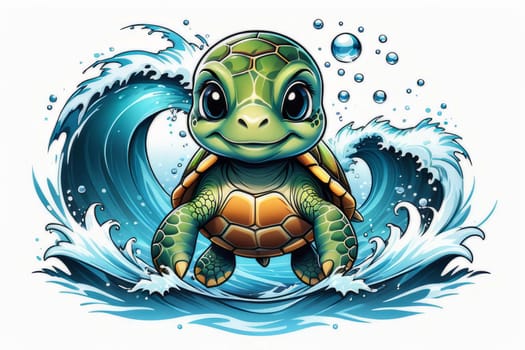 Turtle gracefully swimming in water surrounded by bubbles, showcasing its serene underwater world. For Tshirt design, posters, postcards, other merchandise with marine theme, childrens books