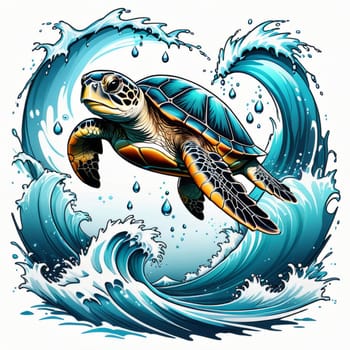 Serene turtle gracefully swimming through water amidst trail of bubbles. For fashion, clothing design, animal themed clothing advertising, as illustration for interesting clothing style, Tshirt design