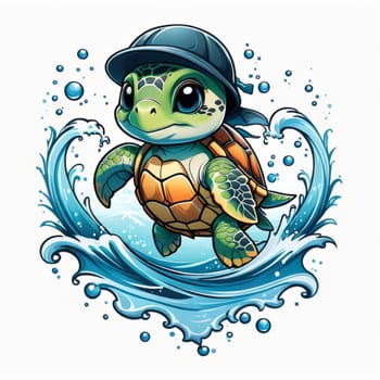 Majestic turtle is seen gliding effortlessly through water, its movements slow, graceful. For Tshirt design, posters, postcards, other merchandise with marine theme, childrens books