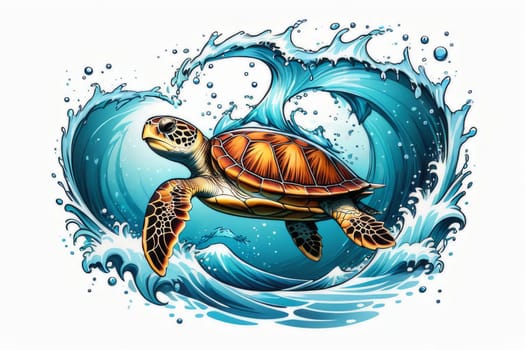 Turtle riding wave on white background. For Tshirt design, posters, postcards, other merchandise with marine theme, childrens books, educational materials for kids, tourism, stationery