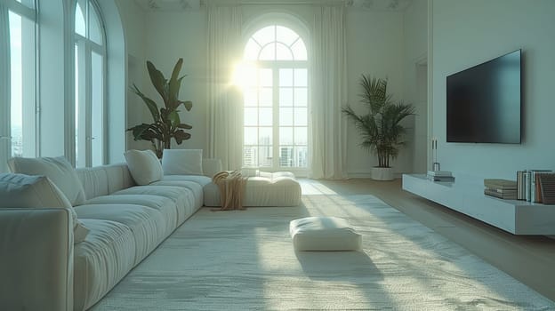 Futuristic Minimalist Interior Design of Living Room. Light interior with copyspace. Ai generated