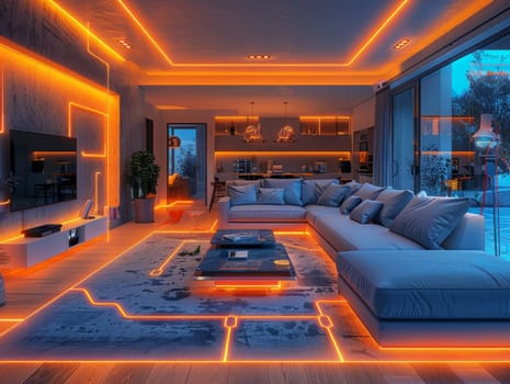 Smart Home Technology. Futuristic Living room with lighting . Ai generated