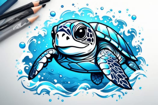 Turtle gracefully swimming in water. For educational materials for kids, game design, animated movies, tourism, stationery, Tshirt design, posters, postcards, childrens books
