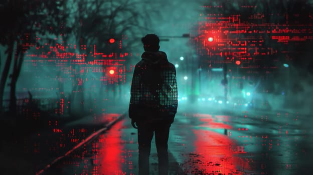 A person standing in the rain at night on a street