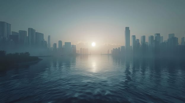A city skyline with a foggy sky and water