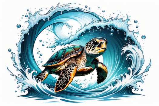 Turtle moves gracefully through water, its movements fluid, effortless. For fashion, clothing design, animal themed clothing advertising, as illustration for interesting clothing style, Tshirt design