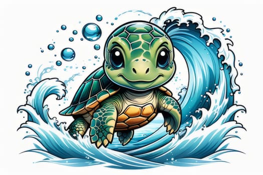 Majestic sea turtle gracefully gliding through crystal-clear waters of ocean. For educational materials for kids, game design, animated movies, tourism, stationery, Tshirt design, clothing design