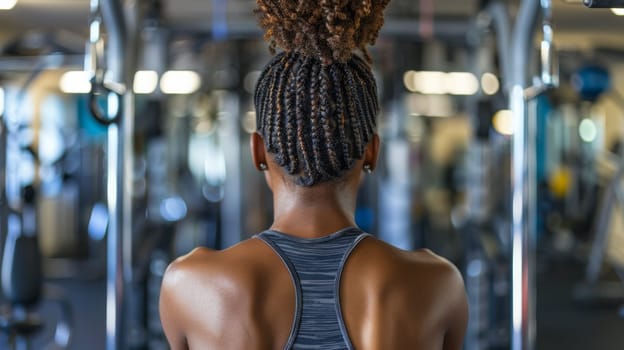 A woman in a gym with her back to the camera