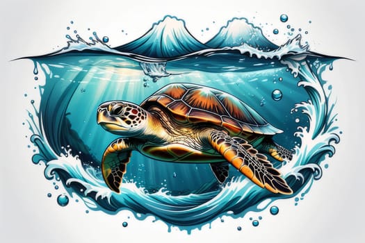 Vibrant sea turtle elegantly maneuvering its way through shimmering azure ocean depths, showcasing beauty, tranquility of marine life in its natural habitat.For fashion, clothing design, Tshirt design