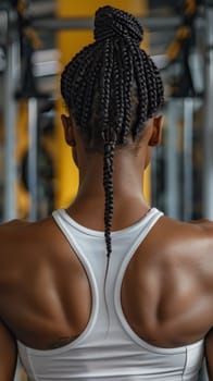 A woman with braids in her hair standing on a gym floor