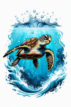 Majestic turtle is seen gliding effortlessly through water, its movements slow, graceful. For Tshirt design, posters, postcards, other merchandise with marine theme, childrens books