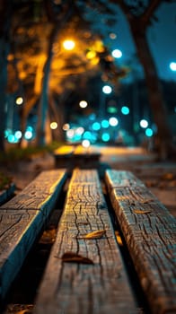 A close up of a wooden bench with lights shining on it